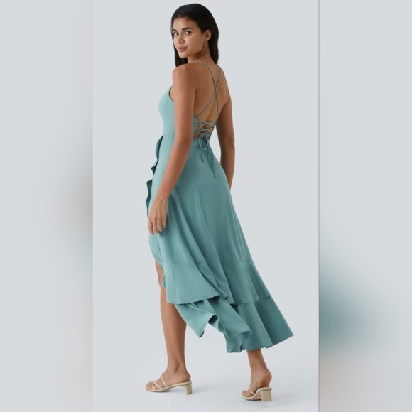 HALARA Breezeful Lace Up Ruffle Hem Maxi Dress Women's S Stone Blue Sleevless - Picture 3 of 12